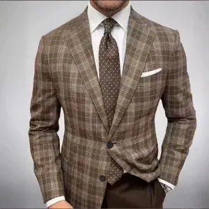 Men's brown plaid suit jacket slim fit business casual blazer for wedding and formal wear.
