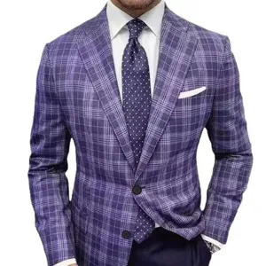 Men's slim fit purple plaid suit jacket set with white shirt and tie for formal events.