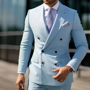 Costume homme bleu clair croisé deux pièces élégant mariage bureau blazer veste