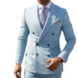 Costume homme bleu clair croisé deux pièces élégant pour mariage affaires veste