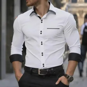 Ανδρικό πουκάμισο μακρυμάνικο slim fit επαγγελματικό με μαύρο γιακά και μανσέτες.