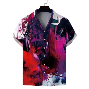 Close-up detail of the abstract paint splatter pattern on the stylish short sleeve shirt.