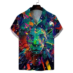 Men short sleeve Cuban collar shirt with vibrant geometric lion print casual summer top