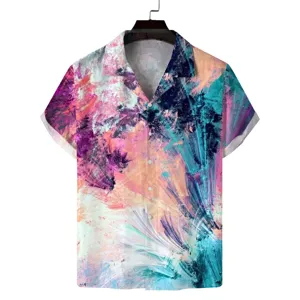 Close-up detail of abstract colorful print short sleeve shirt, men's summer fashion style.