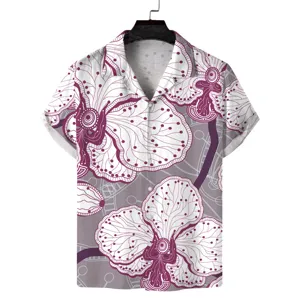 Detailed view of the purple and white floral print short sleeve Cuban collar men shirt.