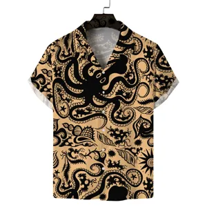 Men's casual short sleeve Cuban collar shirt with retro octopus marine print design.