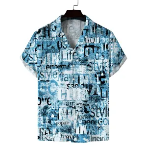 Men's casual short sleeve shirt detail, blue typography print design, stylish summer top.