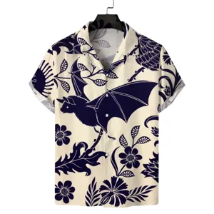 Men's short sleeve Hawaiian shirt with vintage bat and botanical floral print, Cuban collar.