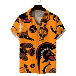 Men's short sleeve Cuban collar shirt with ancient Greek art print, casual summer beach top.