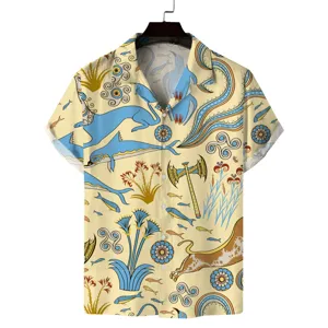 Men's short sleeve Cuban collar shirt with retro ancient art print, casual holiday beach top.