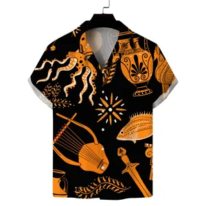 Men's short sleeve camp collar shirt with ancient Greek art print, casual summer top.