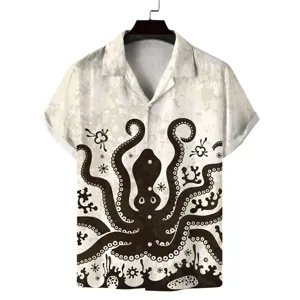 Detailed view of the vintage octopus print men short sleeve Cuban collar casual shirt.