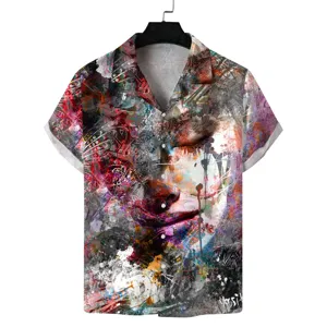 Men's abstract art print short sleeve shirt with Cuban collar casual button down top
