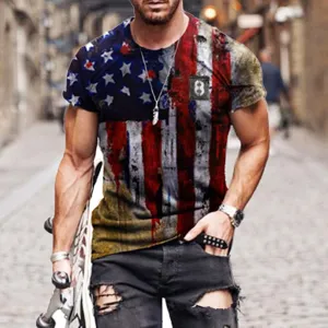 Men's Fashion Polyester Short Sleeve T-Shirt Patriotic American Flag Print Graphic Tee Casual Streetwear Crew Neck Summer Top
