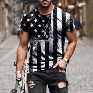 Detailed view of men's black and white American flag print short sleeve t-shirt outdoors.