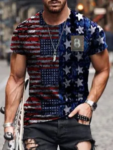 Men's American flag graphic short sleeve T-shirt, patriotic theme casual top for summer.