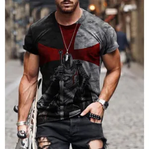 Close-up detail of medieval knight graphic print on men short sleeve street t-shirt.