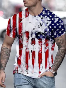 American flag skull print short sleeve T-shirt detail view, casual summer men's top
