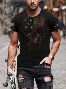 Men's tactical short sleeve t-shirt with US flag skull print, casual outdoor streetwear style.