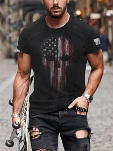 Men's casual black short sleeve t-shirt with US flag skull graphic print for daily wear.