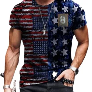 Men's American flag print short sleeve t-shirt casual vintage patriotic top fashion tee