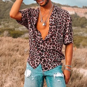 Men's Vintage Leopard Print 3D Short Sleeve Hawaiian Shirt Casual Summer Button Down Top