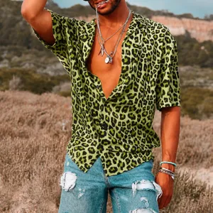 Men's retro green leopard print short sleeve Hawaiian shirt vintage casual beach top.