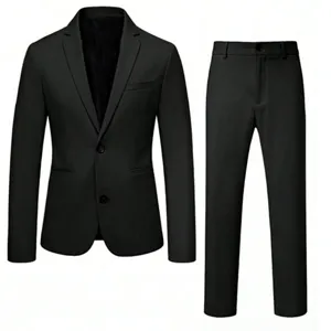 Men black suit detail view, classic two-piece formal blazer and trousers for business wear.