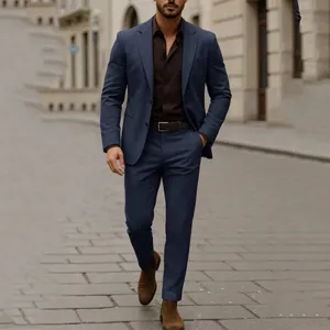 Men's business formal suit two-piece set, solid navy blue jacket and trousers for wedding banquet.