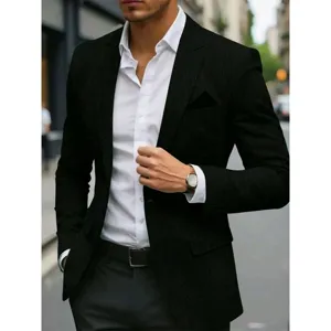 Men's slim fit single-breasted black suit blazer paired with a classic white dress shirt.