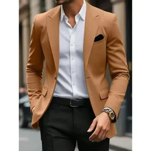 Detailed view of slim fit single-breasted brown suit jacket with pocket square for formal wear.