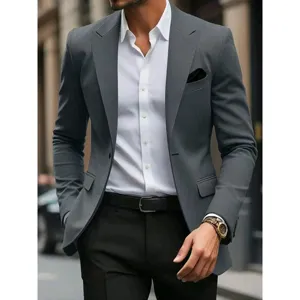 Men slim fit grey suit jacket formal blazer with white shirt for business wedding party.