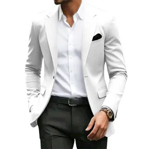 Men slim fit single button suit jacket detail showing sharp lapel, pocket and fine tailoring.