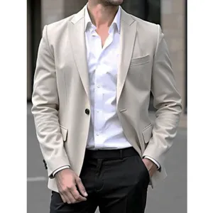 Men slim fit single breasted suit blazer detail, stylish formal wear for business party.
