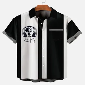 Men short sleeve casual Hawaiian shirt black white striped music graphic button down top