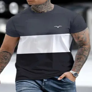 Detailed view of the men's colorblock short sleeve t-shirt featuring a trendy striped design.