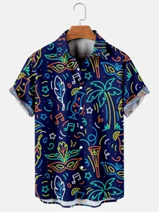 Detail view of the colorful neon tropical print short sleeve Hawaiian shirt fabric.