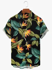 Close-up view of the tropical print detail on the men's casual short sleeve Hawaiian shirt.