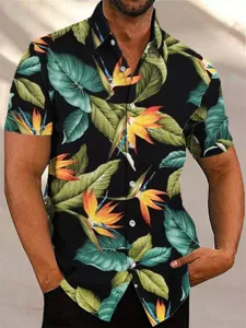 Men's tropical print short sleeve Hawaiian shirt detail, casual holiday beach wear.