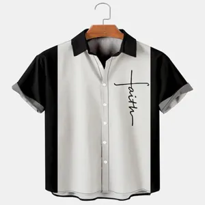Men's casual short sleeve button down shirt with faith cross print black white block.