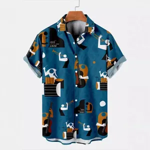 Men's Hawaiian Short Sleeve Shirt Music Instrument Jazz Sailing American Flag Print Breathable Summer Beach Vacation Casual Streetwear Button Down Top