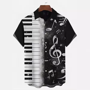 Men's short sleeve Hawaiian shirt with cool piano keys and music notes print design.