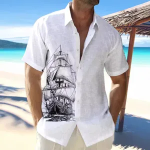 Men summer casual beach linen short sleeve shirt with vintage sailing ship print graphic top.