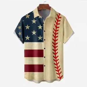 Men's short sleeve Hawaiian shirt with vintage American flag and baseball print casual top.