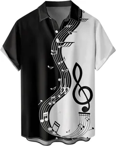 Camisa manga corta hombre negro blanco patron notas musicales vista detalle moda.