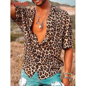 Leopard Print Men Shirt Short Sleeve Lapel Button Down Polyester Top Casual Streetwear Beach Wear Men Shirt