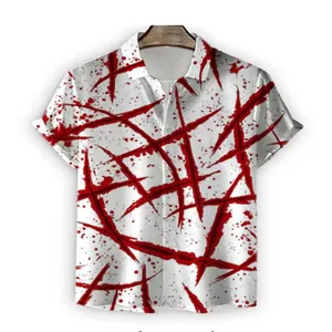 Detailed view of a men's short-sleeve shirt with striking red blood splatter 3D print design.