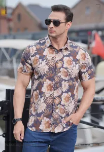 Detail view of men's plus size floral printed short sleeve shirt with turn down collar.