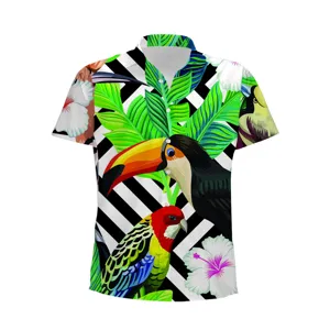 Close-up detail of tropical toucan and colorful floral print on short sleeve shirt fabric.