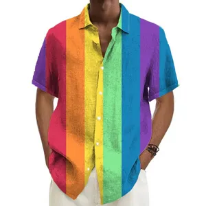 Men's colorful vertical striped short sleeve Hawaiian shirt detail view, casual 3D print.